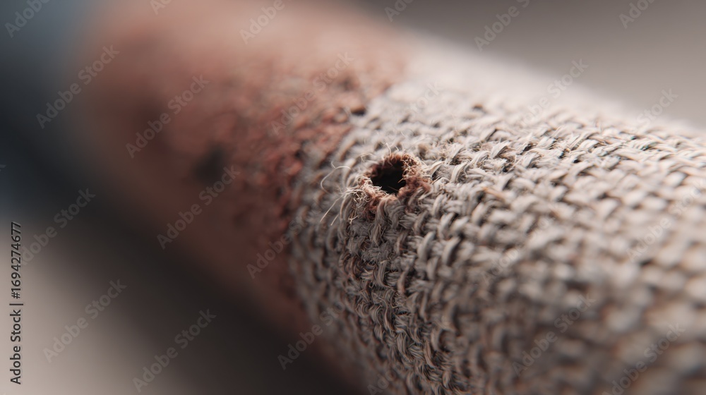 Poster Focused view on a blend fabric sleeve seamlessly sealing a tiny hole the surrounding fibers and background elements fading softly out of focus.