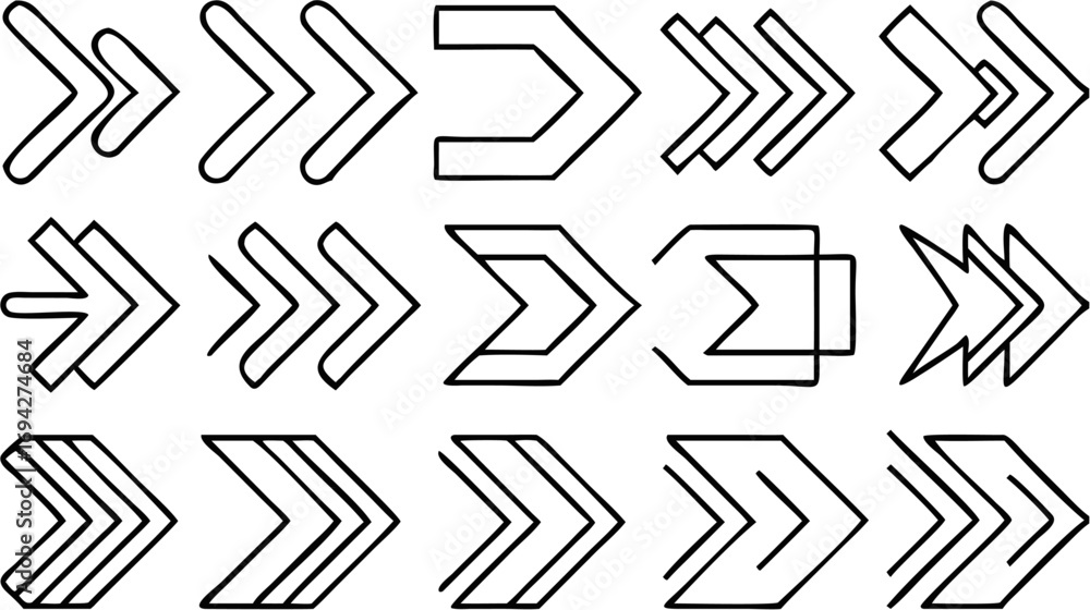 Poster collection of fifteen unique arrow designs pointing right with varying styles and line thicknesses s