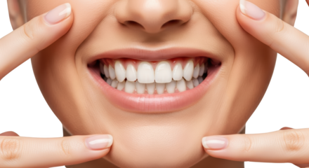Woman's bright white smile with manicured nails pulling cheeks wide teeth