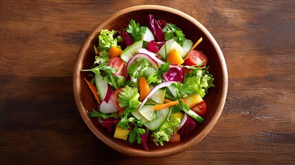 Fresh Garden Salad: A vibrant and healthy garden salad, meticulously arranged in a wooden bowl, showcasing a colorful array of fresh, organic vegetables and ingredients.