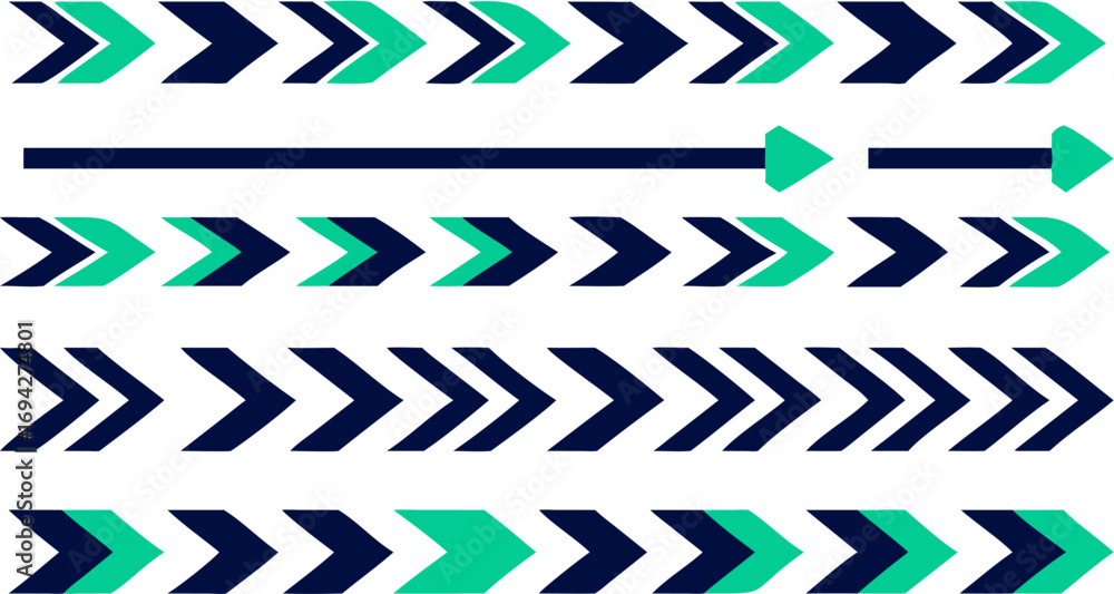 Poster repeating rows of teal and navy chevron arrows and a solid arrow pointing right across a white backg