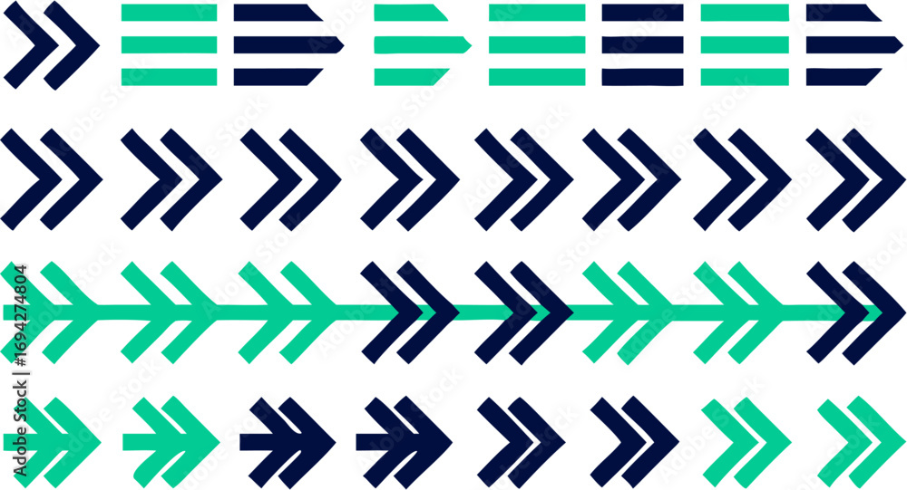 Poster rows of forward pointing arrows in blue and green with varied designs on a white background image