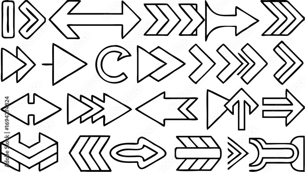 Poster collection of diverse outlined arrow shapes pointing in various directions on a white background des