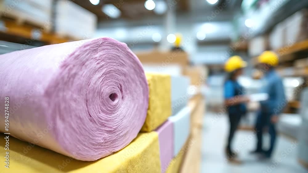 Poster insulation and drywall section showing pink fiberglass batts and gypsum board sheets stored vertical
