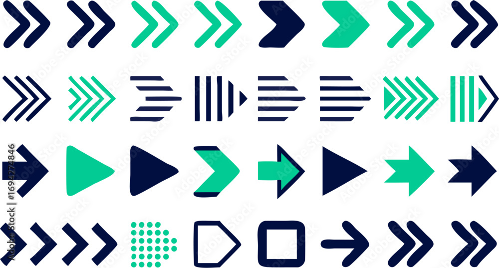 Poster array of forward pointing arrows in various styles and colors displayed in a grid pattern format lay