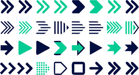 Array of forward pointing arrows in various styles and colors displayed in a grid pattern format layout