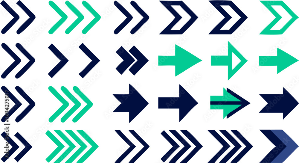 Poster assorted collection of right pointing arrows in varying styles and color shades arranged on a white 
