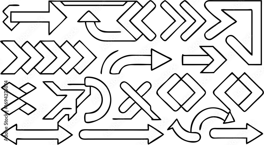 Poster illustration of assorted stylized arrows pointing in different directions and orientations on a whit