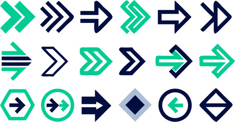 Collection of various arrow designs pointing in different directions in blue and green colors