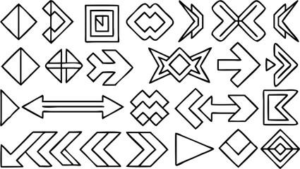 Collection of varied geometric shapes and arrow designs in black outline on a white background display art