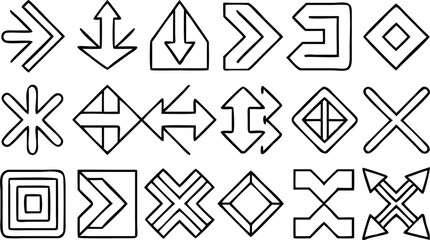 Collection of hand drawn arrow and geometric shapes in black outline on white background for design elements
