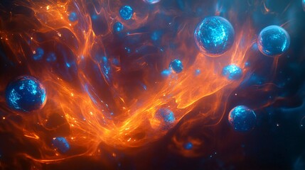 Abstract cosmic nebula with blue spheres and orange fiery clouds.