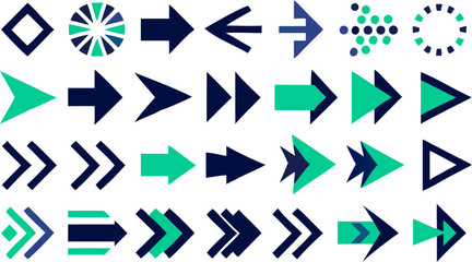 Illustration of various arrow designs in shades of blue and green on a white background in a grid pattern