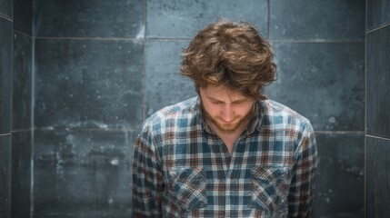 Man in flannel shirt standing alone with downward gaze in tiled background