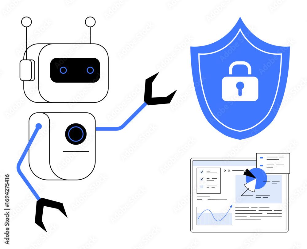 Aufkleber robot gestures at a shield with a lock and a data dashboard, symbolizing cybersecurity, ai, and anal