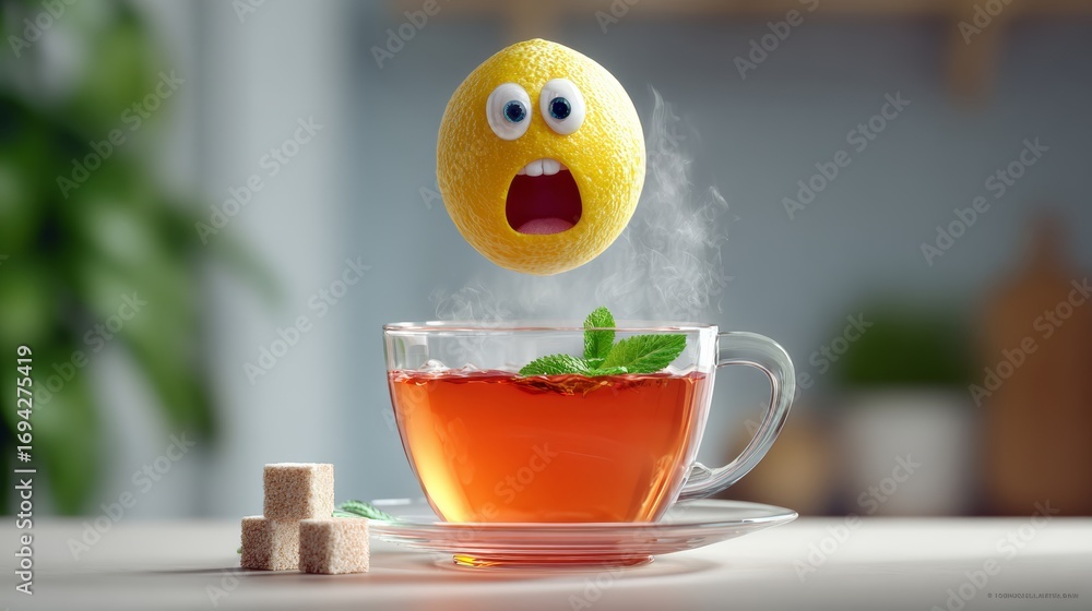 Aufkleber lemon is floating in a cup of tea. the lemon has a surprised expression on its face