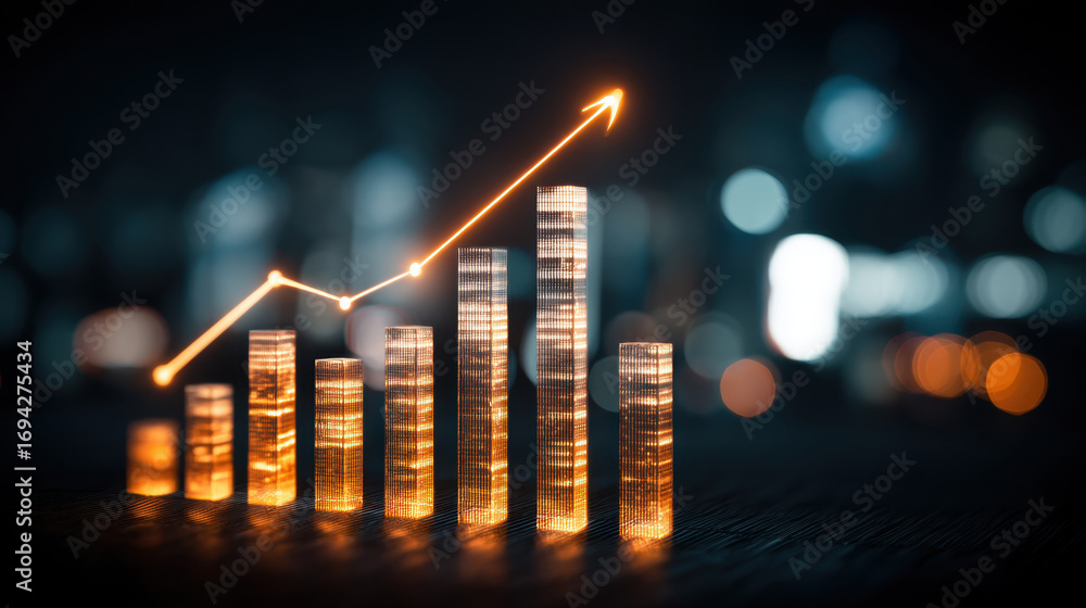 Poster glowing bar graph represents financial growth, with ascending bars symbolizing increasing profits. w