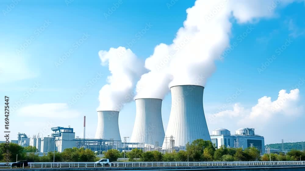 Poster nuclear reactor containment structure with cooling towers releasing steam surrounded by security per