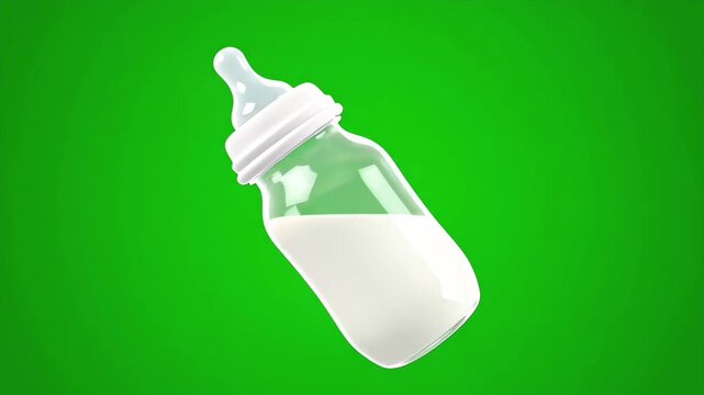 A realistic 3D render of a baby bottle full of white formula or milk, isolated on a vibrant green screen chroma key background