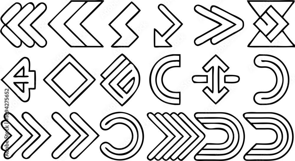 Poster collection of geometric shapes and arrow designs in black outline on a white background display grap