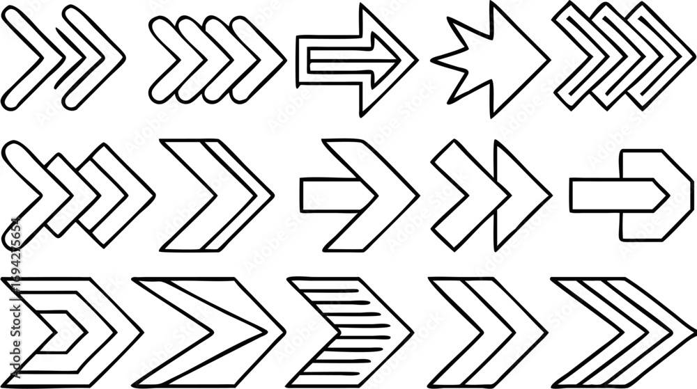 Poster collection of fifteen outlined arrow shapes pointing right in varying styles and arrangements design