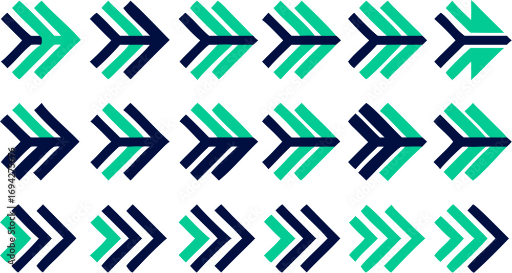 Poster pattern of alternating blue and green arrows pointing right in a repeating grid arrangement on white