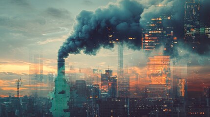 Fototapeta premium Industrial city skyline shrouded in dark smoke pollution.