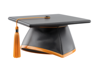 Celebrate graduation success with this modern academic mortarboard cap and vibrant orange tassel isolated on png transparent background