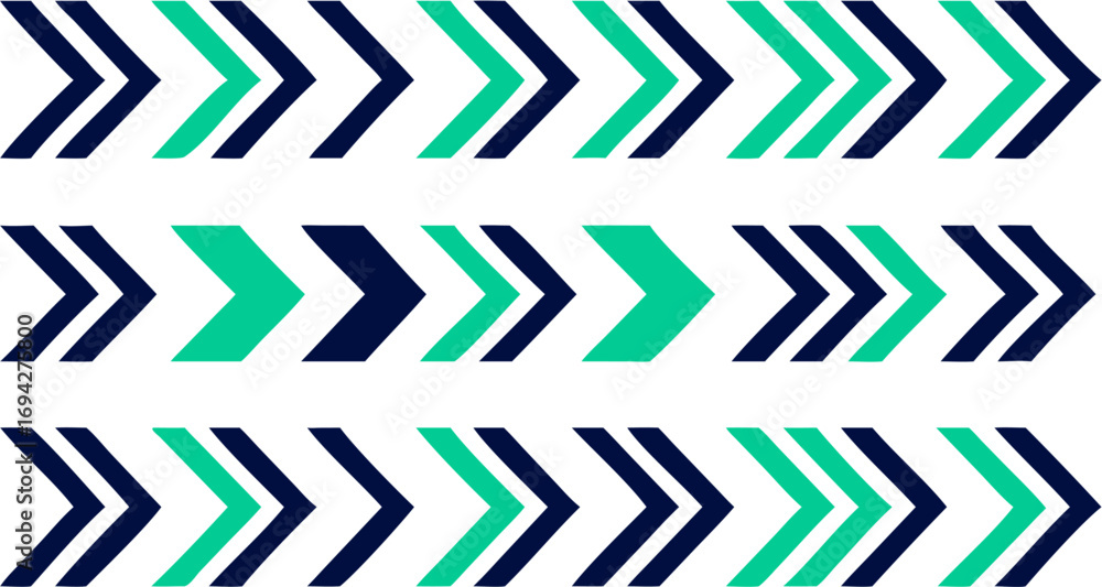Poster repeating pattern of double chevron arrows alternating in dark blue and green on a white background