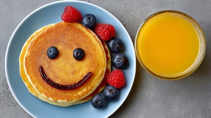 Plate of pancakes with blueberries and raspberries on it with a smiley face drawn on it. A glass of orange juice is next to the plate
