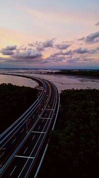Bali Mandara Toll road bridge viewed by drone extends across mangrove forest and tidal mud flats surrounded by tropical setting highlighting connection between modern travel and coastal nature