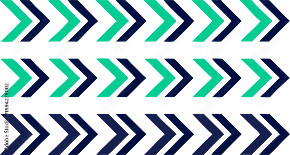 Poster repeating pattern of alternating green and blue chevron arrows pointing rightward across a white bac