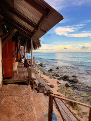Wooden beach shack with souvenirs overlooking a beautiful ocean view in punta cana, dominican...