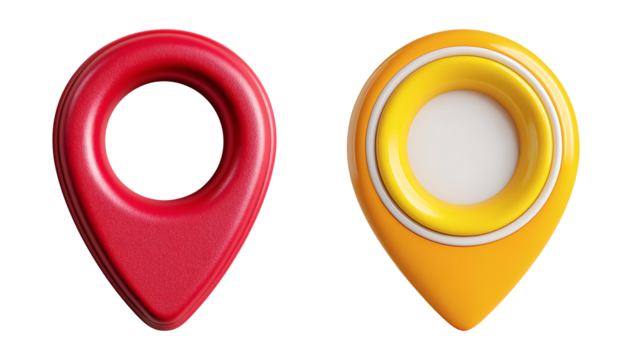 Vibrant red and yellow map pin icons symbolize location and navigation for modern digital applications isolated on png transparent background