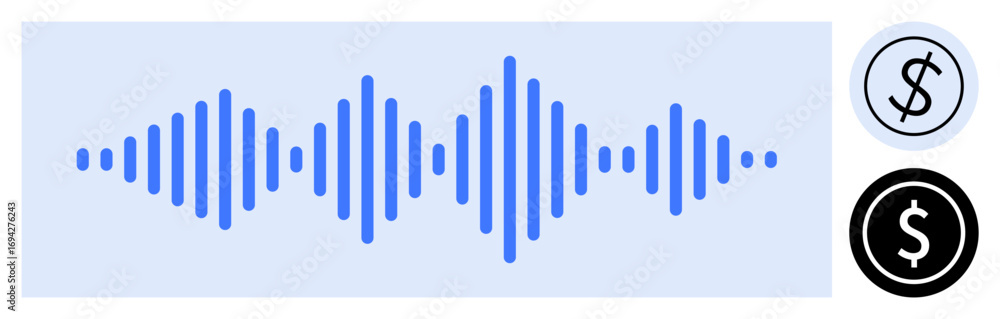 Poster blue audio waveform in a rectangular frame, black and white dollar icons on the side. ideal for fint