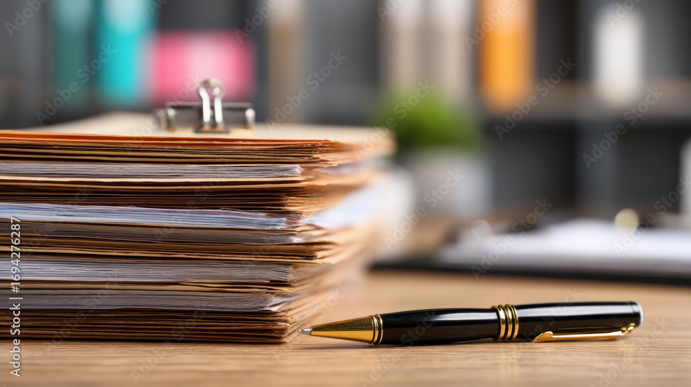 Poster Organized stack of documents with black pen resting beside it, symbolizing productivity and professionalism in office environment. blurred background adds depth to scene