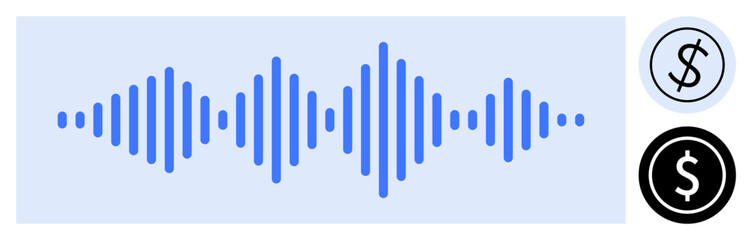 Blue audio waveform in a rectangular frame, black and white dollar icons on the side. Ideal for fintech, audio monetization, digital economy, sound design, podcasting, innovation, simple flat