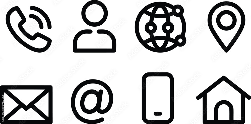 Poster collection of modern and minimalist contact information icons depicting communication channels and p