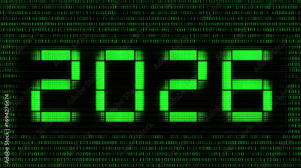 Poster digital display shows year 2026 in bright green against black background filled with binary code, cr