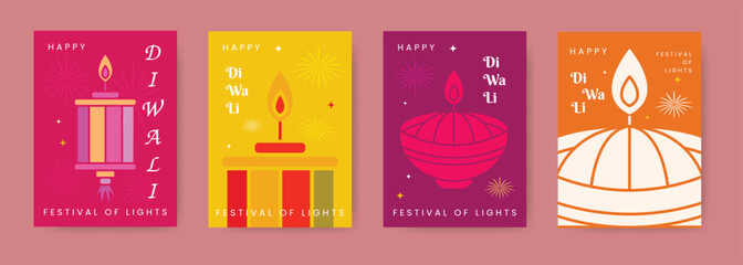Happy Diwali Festival. Vector Illustration of Diwali greeting cards with diya, traditional lanterns and vibrant colors. Perfect for poster, card, flyer, cover etc