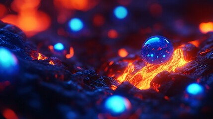 Abstract digital art showcasing glowing blue orbs amidst fiery orange and dark textures.