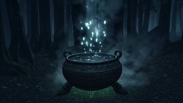 Enchanting forest cauldron emitting glowing particles in mysterious night scene