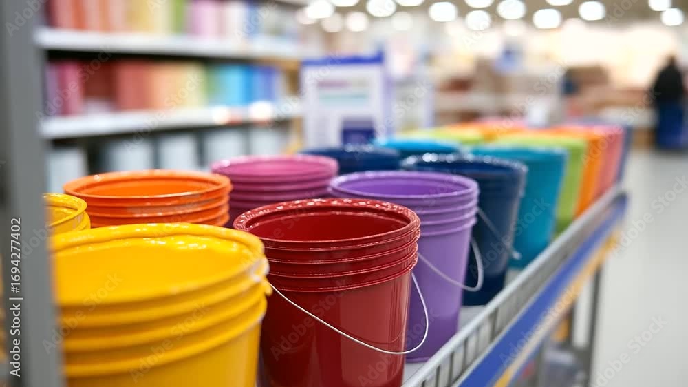Poster colorful paint buckets with splashed lids line a store aisle featuring a blurred background of signa