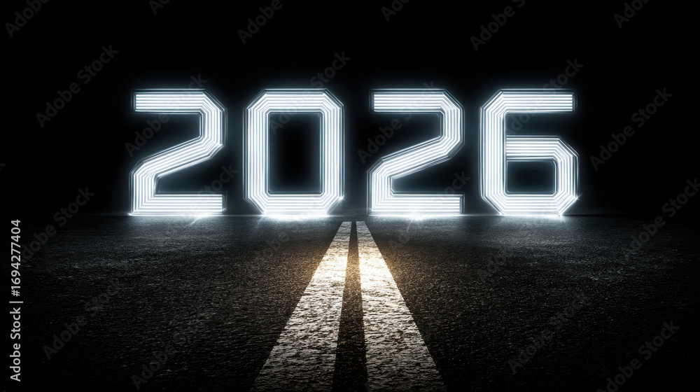 Poster illuminated numbers 2026 on dark road symbolize bright future and new beginnings. glowing digits sta
