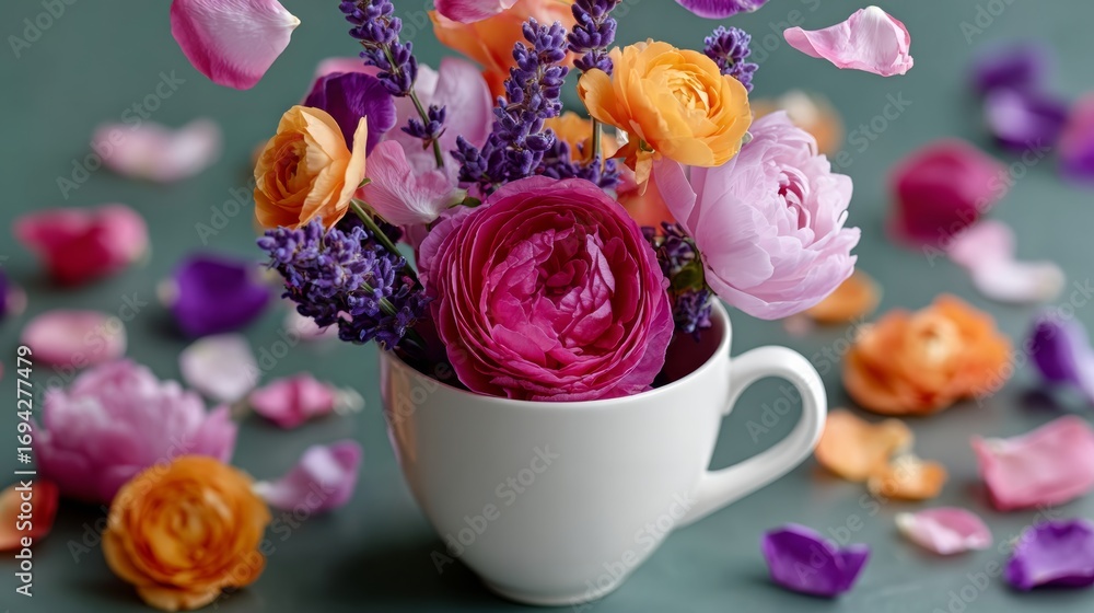 Poster white cup filled with a colorful bouquet of flowers. the flowers are arranged in a way that they loo