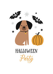 Halloween party vector quote. Happy Halloween card. Cute dog, pumpkin and bats on white background. Dog print in flat style.