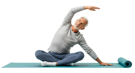 Senior man stretching isolated on transparent background