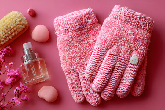 A pair of pink massage gloves for shower on pink bacground. Gloves for use in he shower for massage and crub. Beauty background wih cosmetic products. Beaut, health and spa concept