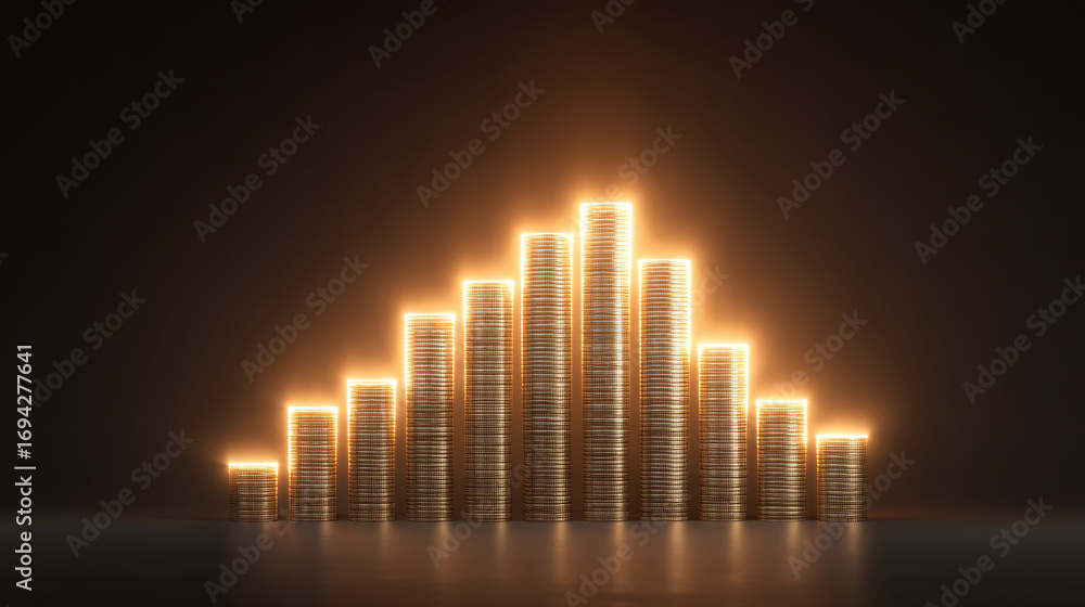 Poster visually striking arrangement of coins stacked in pyramid shape, illuminated from behind, creating g