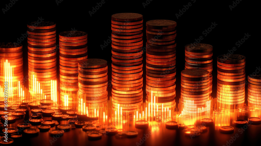 Poster digital coins stacked visually striking manner, illuminated with warm glow, create sense of wealth a